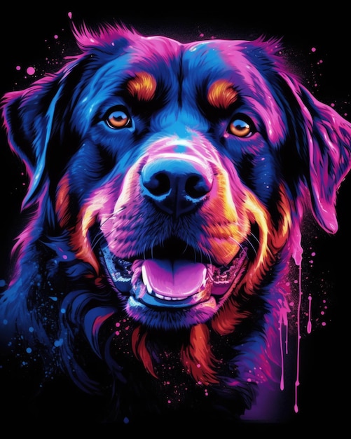 Der Hund posiert isoliert auf violettem Studiohintergrund in Neonfarben und sieht glücklich aus. Konzept der Bewegung