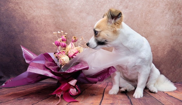 Der Hund sitzt neben einem Blumenstrauß auf einem schönen Jahrgang