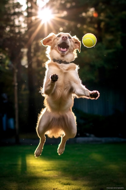 Der Hund springt fröhlich in die Luft und fängt den Ball. Generative KI