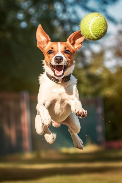 Der Hund springt glücklich in die Luft und fängt den Ball.