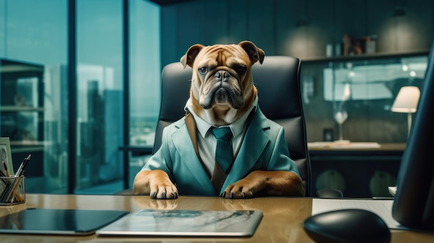 Der Hund trägt ein cooles und stilvolles Geschäftsmannkostüm, ein Angestellter im Büro, ein Chef, ein erfolgreicher Manager, ein karikierter Humor, eine französische Bulldogge, die eine KI erzeugt