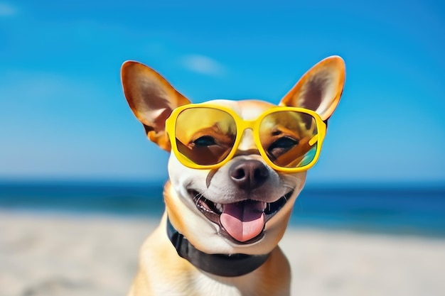 Der Hund trägt eine Sonnenbrille und entspannt sich in einem Strandstuhl und strahlt einen Sinn für Humor aus.