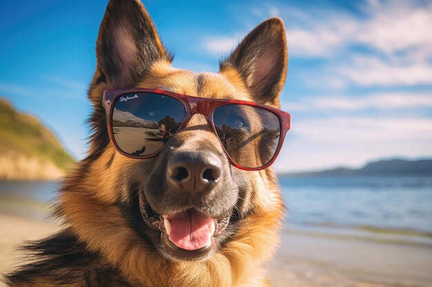 Der Hund trägt eine Sonnenbrille und entspannt sich in einem Strandstuhl und strahlt einen Sinn für Humor aus.