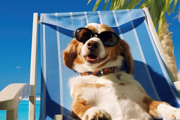 Der Hund trägt eine Sonnenbrille und entspannt sich in einem Strandstuhl und strahlt einen Sinn für Humor aus.