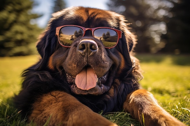 Der Hund trägt eine Sonnenbrille und entspannt sich in einem Strandstuhl und strahlt einen Sinn für Humor aus.