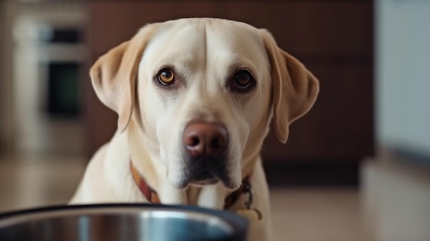 Der Hund wartet in der Küche auf Essen, seine Augen sind traurig, in seinem Mund ein niedlicher Labrador, eine generative KI.