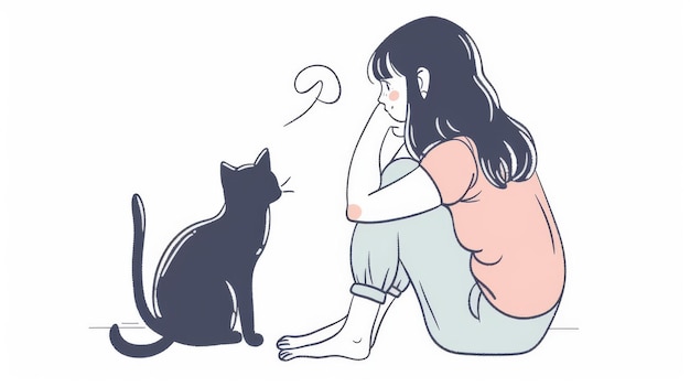 Der Illustrator hat ein Mädchen dargestellt, das nachdenklich mit einer Katze auf der Seite sitzt. Die Illustration ist im handgezeichneten Stil mit einem modernen Design-Touch