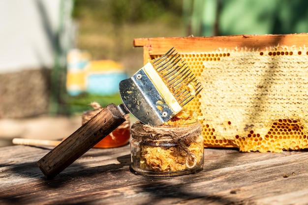 Foto der imker sammelt die honigbienenwerkzeuge außerhalb des rahmens mit einer bienenwachsstruktur voller frischem bienenhonig in waben imkereikonzept