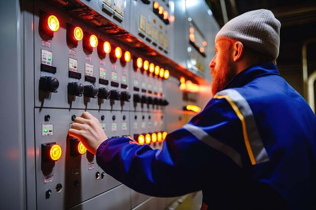 Der Ingenieur steuert das Bedienfeld einer Fabrik mit industriellem Hintergrund