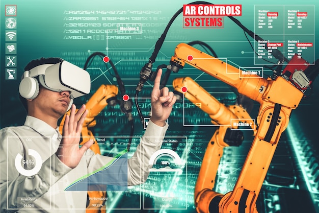 Der Ingenieur steuert Roboterarme mithilfe der Augmented-Reality-Industrietechnologie