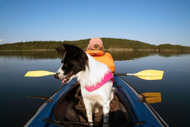 Der Inhaber und der Hund in einer Schwimmweste, die in einem Kajakboot schwimmt