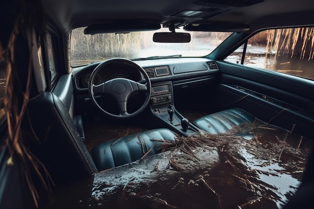 Der Innenraum eines mit Wasser überfluteten Autos Autoversicherungskonzept generative ai