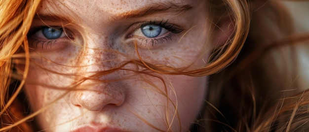 Der intensive Blick einer Frau mit windgeweihten roten Haaren und freckliger Haut