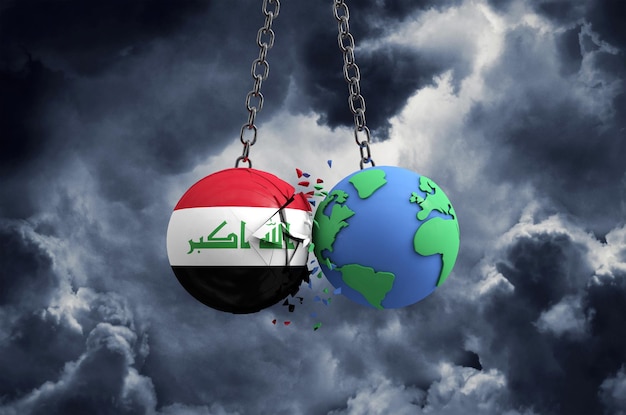 Der Irak-Flaggenball, der in den Planeten Erde einschlägt, globale Auswirkungen und Katastrophenkonzept d rendern