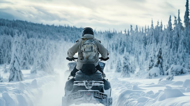 Der Jäger fährt mit einem Schneemobil durch den Winterwald im schneegenerierenden Himmel