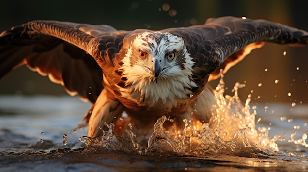 Der Jagdinstinkt des Fischadlers gleitet über das Wasser, um bei Sonnenuntergang Fische zu fangen