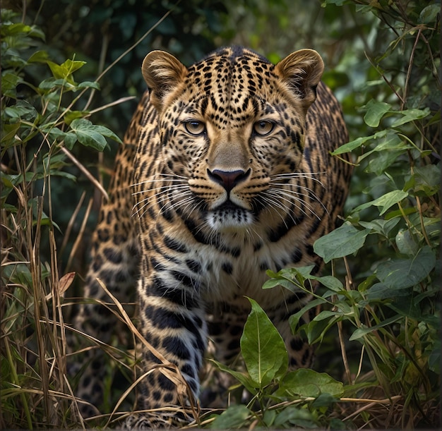 Der Jaguar, ein wildes Tier, schleicht sich durch die Waldschüssel und wächst über