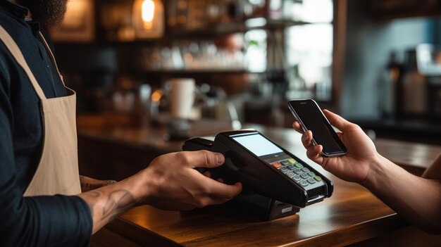 Der junge Barista benutzt das Handy, um Zahlungen von jungen Leuten im Café anzunehmen