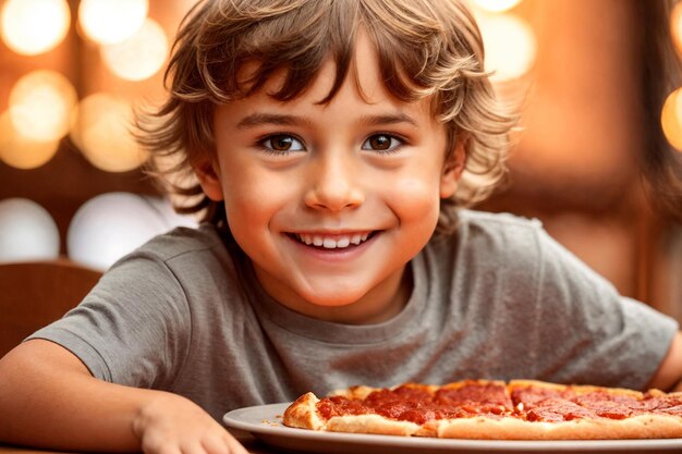 Der Junge isst Pizza im Restaurant oder in der Pizzeria