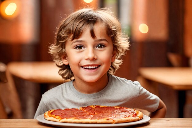 Der Junge isst Pizza im Restaurant oder in der Pizzeria