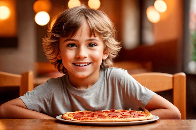 Der Junge isst Pizza im Restaurant oder in der Pizzeria