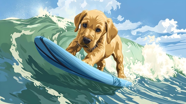 Der junge Labrador-Retriebe-Hund macht beim Surfen leuchtende Spritzer im Ozean