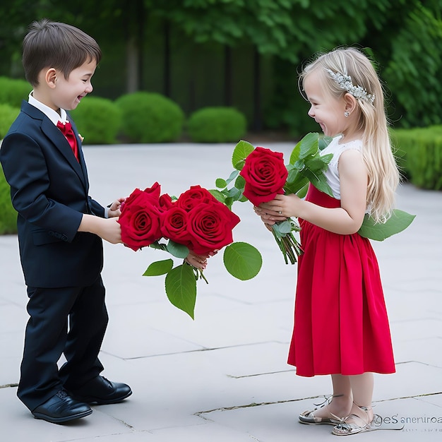 Der Junge macht dem Mädchen einen Rosenstrauß vor