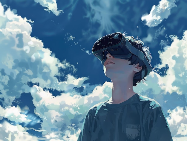 Der Junge mit der VR-Brille ist im Freien