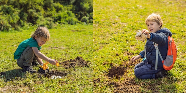 Der Junge spielt Recycling. Er vergräbt Einweggeschirr aus Plastik und biologisch abbaubares Geschirr BANNER LANGFORMAT