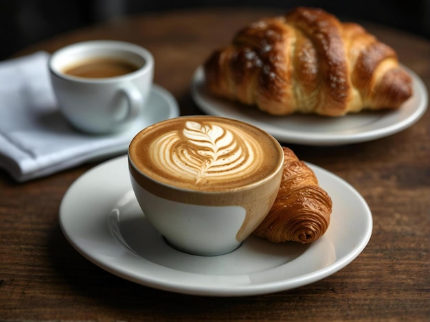 Foto der kaffee wird in einem weißen porzellanbecher serviert und der goldbraune