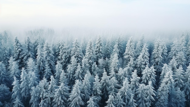 Der kalte Nadelwald im Norden ist mit Frost und Schnee bedeckt. Die Landschaft ist eine Luftansicht.