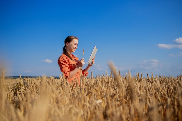 Der kaukasische Agronom überprüft das Getreidefeld und sendet Daten von der Tablette an die Wolke. Konzept für intelligente Landwirtschaft und digitale Landwirtschaft. Erfolgreiche Produktion und Anbau von Bio-Lebensmitteln.