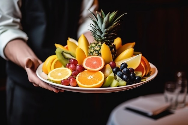 Foto der kellner hält einen fruchtteller mit orangefarbenen apfel, trauben, bananen und ananas-schnitten