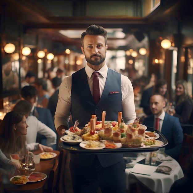 Der Kellner trägt sorgfältig ein mit köstlichem Essen gefülltes Tablett