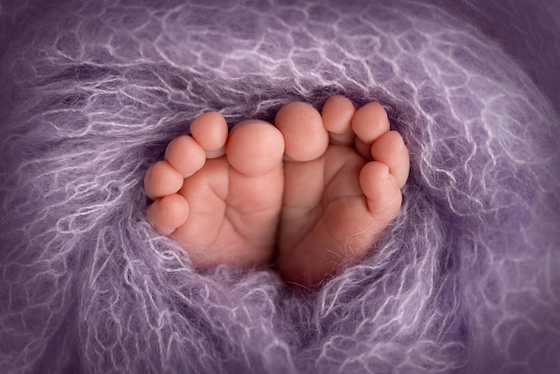 Der kleine Fuß eines Neugeborenen Weiche Füße eines Neugeborenen in einer lila lila Wolldecke Nahaufnahme der Zehen, Fersen und Füße eines Neugeborenen