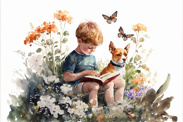 Der kleine Junge steht zwischen den Blumen und liest mit einem Lächeln ein Buch