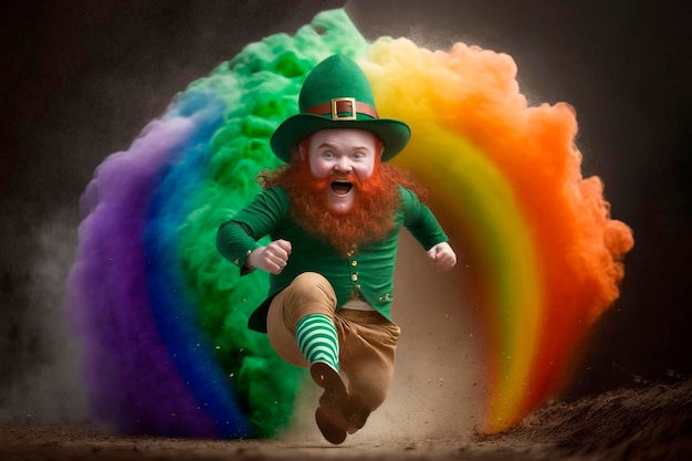 Der kleine Kobold läuft auf dem Regenbogen-St. Patricks Day-Konzept