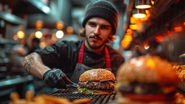 Foto der koch bereitet einen burger ein hamburger auf einem hintergrund mit zutaten vor