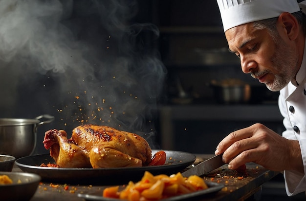 Foto der koch bereitet gewürztes hühnchen vor