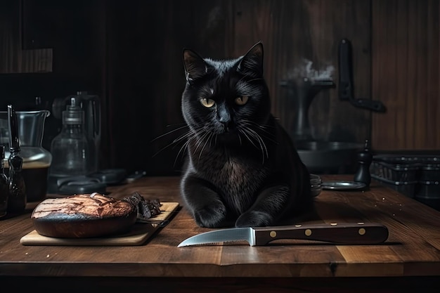 Der Koch der schwarzen Katze arbeitet mit Brett und Messern und bereitet kulinarische Meisterwerke zu