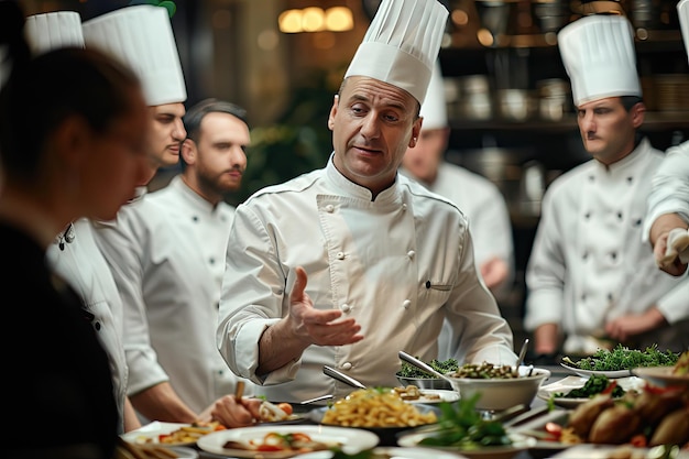 Der Koch diskutiert ein neues Menü mit dem Restaurantpersonal