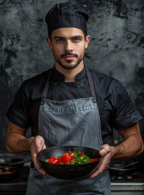 Der Koch hält eine Pfanne mit roten und gelben Paprika und Petersilie