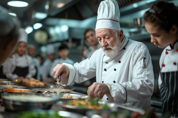 Foto der koch kocht essen in der küche des restaurants