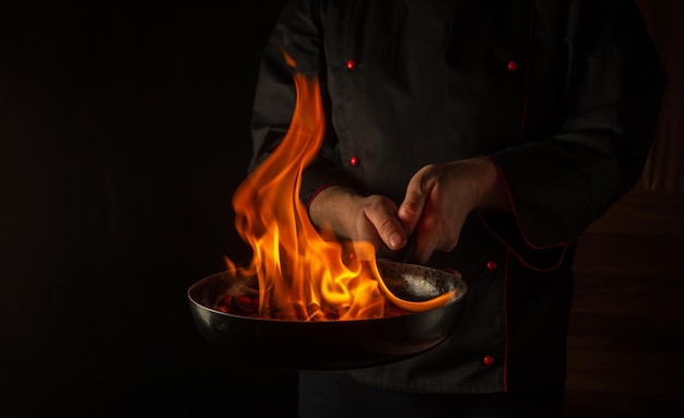 Der Koch kocht Essen in Pfanne mit Feuerflamme