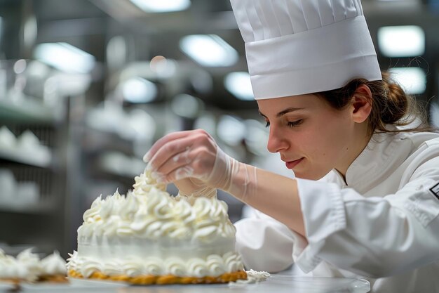 Foto der koch schmückt einen kuchen mit delikater präzision