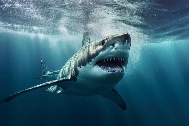 Der König des Ozeans Der große weiße männliche Hai Jäger Unterwasseransicht Insel Guadalupe Mexiko KI Generativ