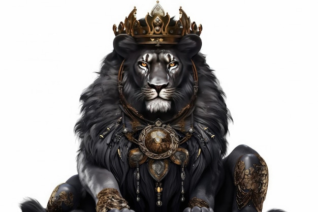 Der königliche schwarze Löwe mit luxuriösem Kleid Kostüm Nahaufnahme Königslöwe auf weißem Hintergrund Generative KI