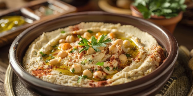 Der köstliche arabische Hummus ist zu sehen