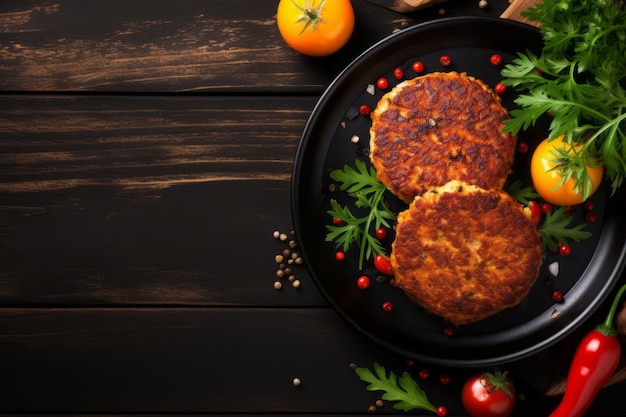 Foto der köstliche fried cutlet burger mit frischem gemüse ist ein verlockendes bild auf einem rustikalen holzrücken.