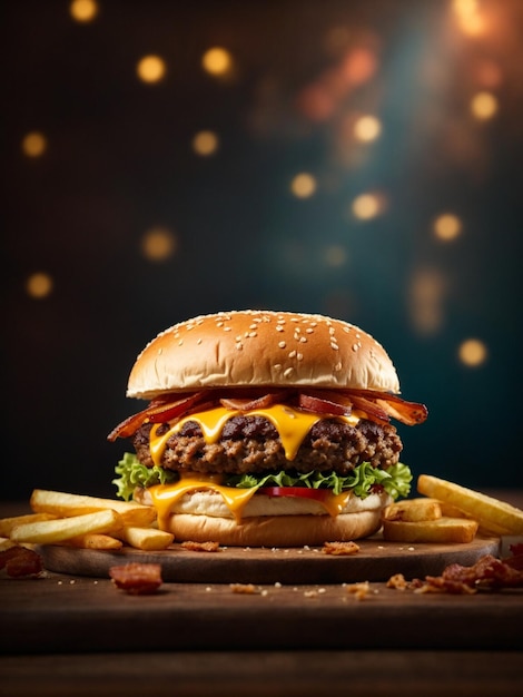 Der köstliche Speck-Cheeseburger mit Pommes Frites ist eine Symphonie von Geschmacksrichtungen und Texturen